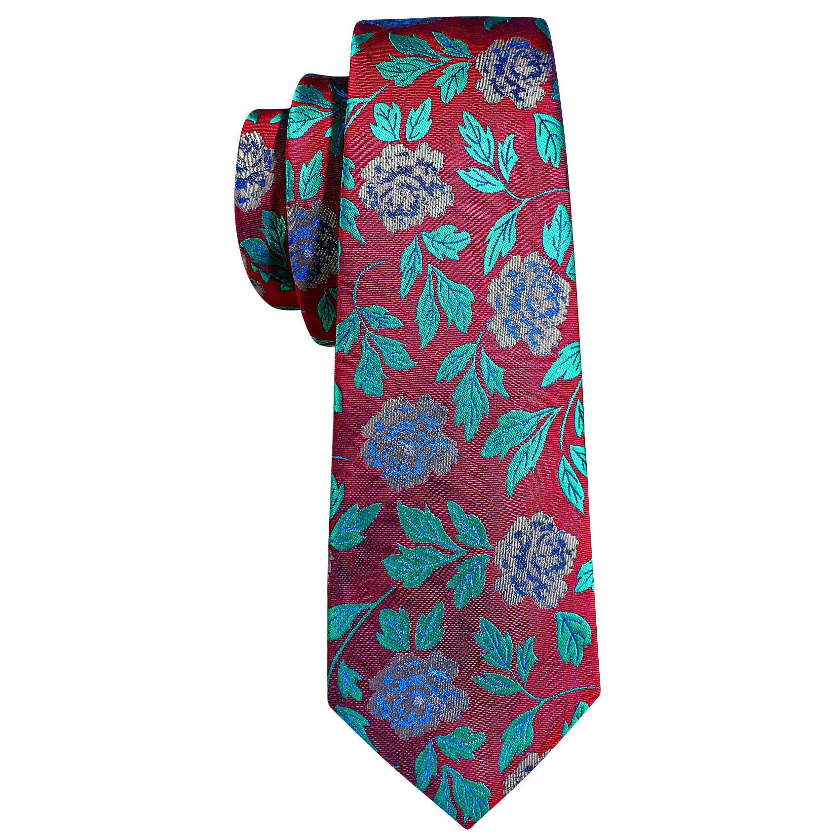 Red Teal Blue Flower Silk Tie Hanky Cufflinks Set