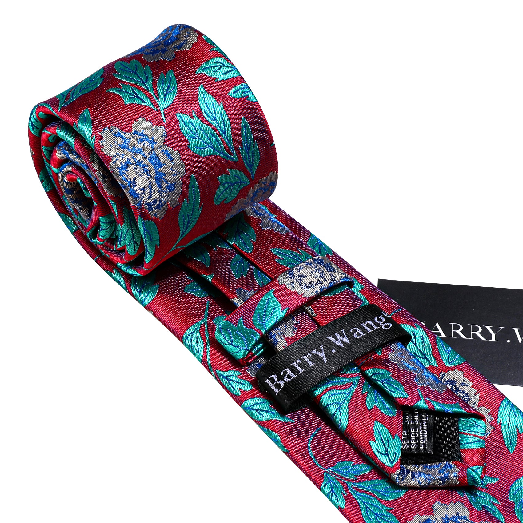 Red Teal Blue Flower Silk Tie Hanky Cufflinks Set