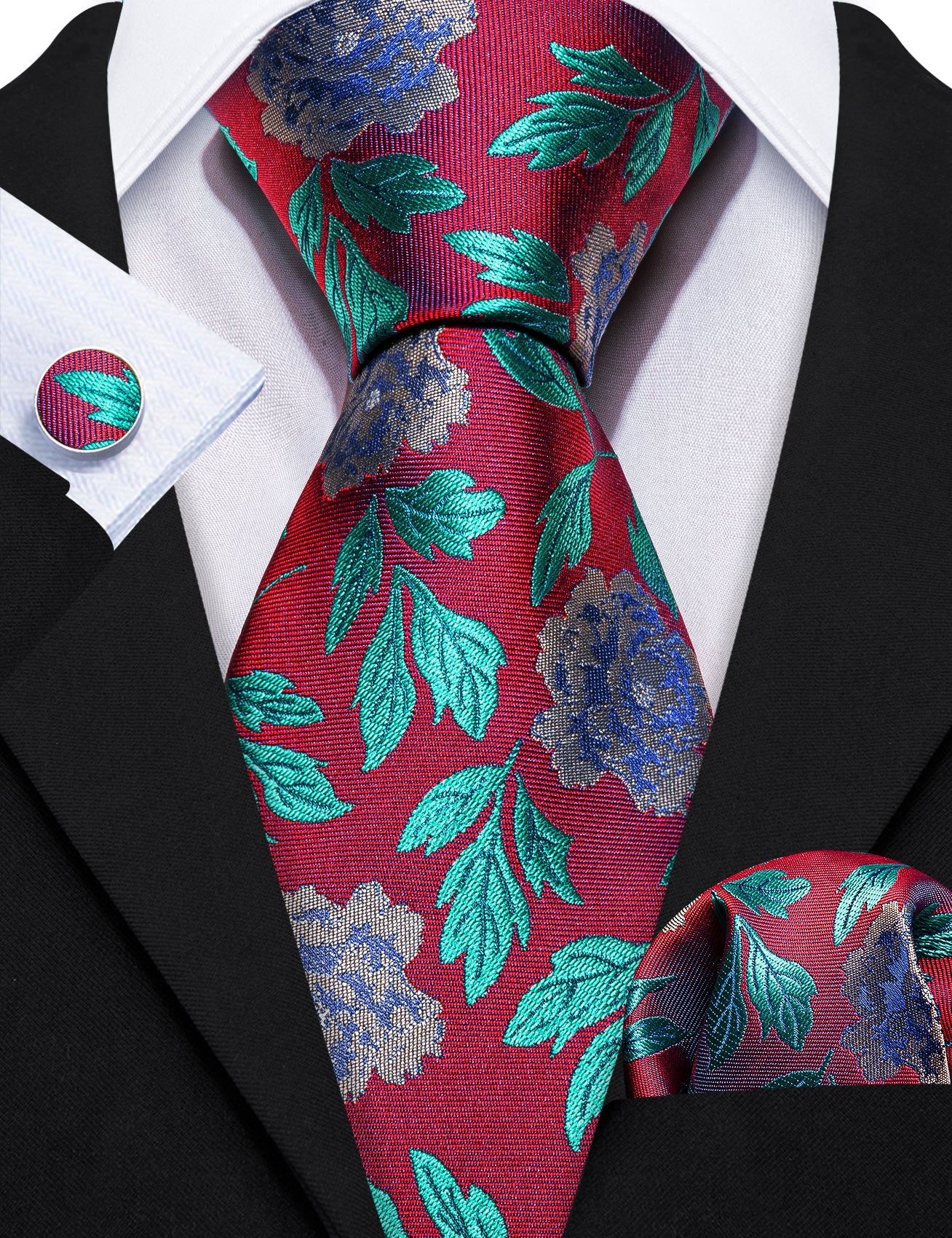 Red Teal Blue Flower Silk Tie Hanky Cufflinks Set