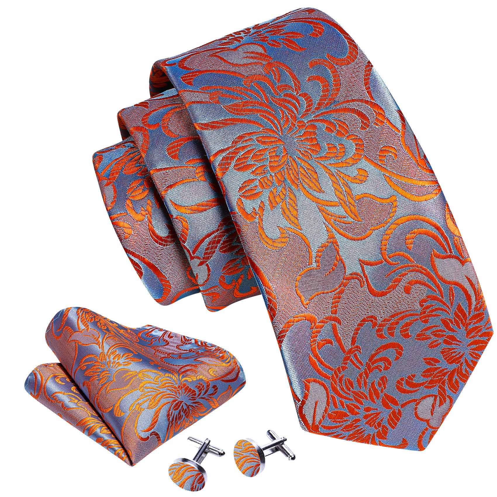 Orange Blue Flower Silk Tie Hanky Cufflinks Set