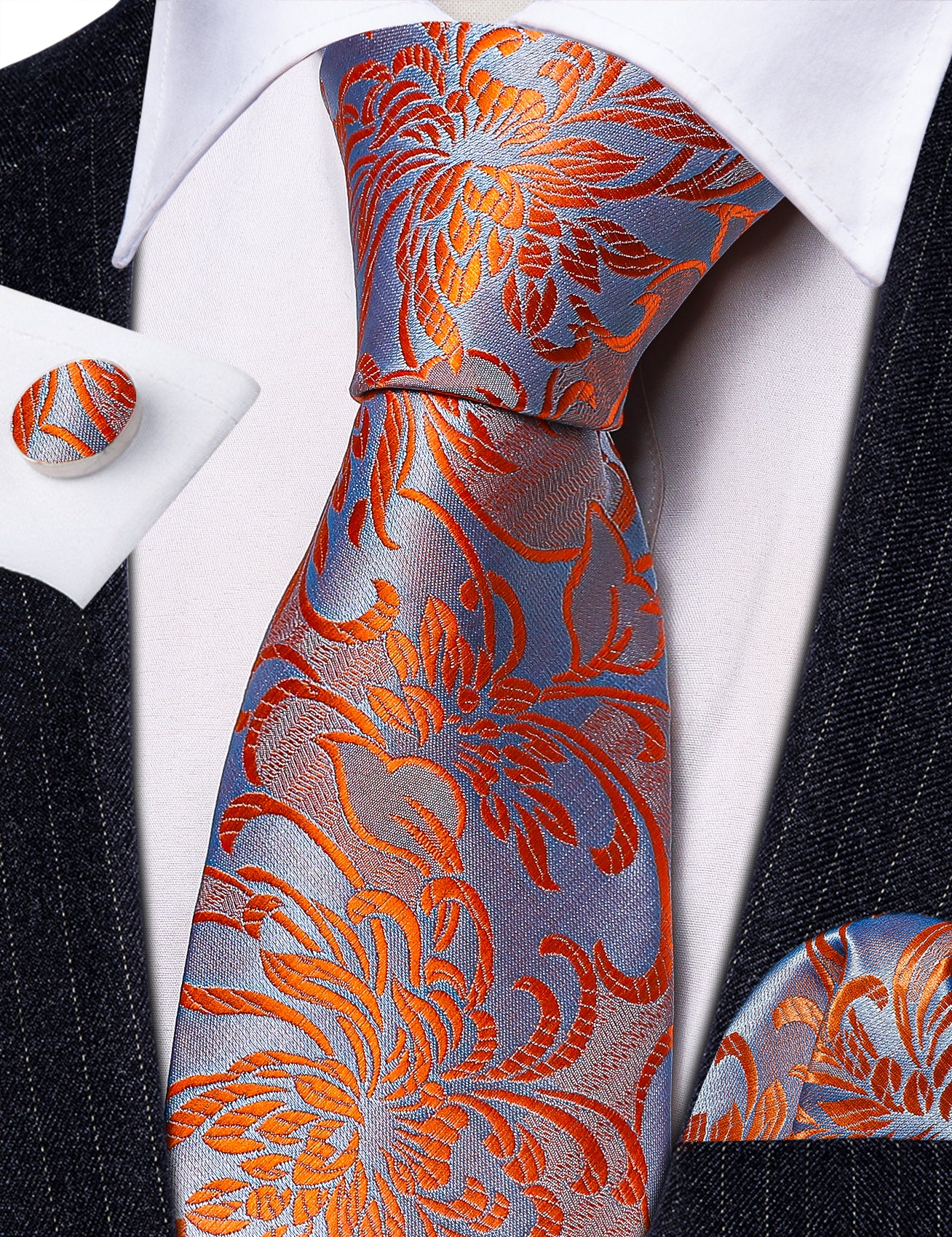 Orange Blue Flower Silk Tie Hanky Cufflinks Set