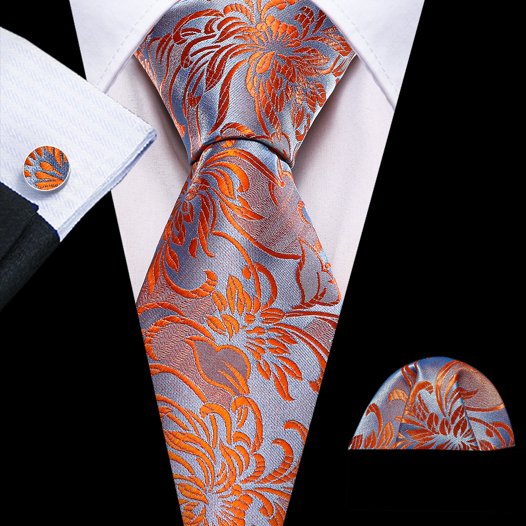 Orange Blue Flower Silk Tie Hanky Cufflinks Set