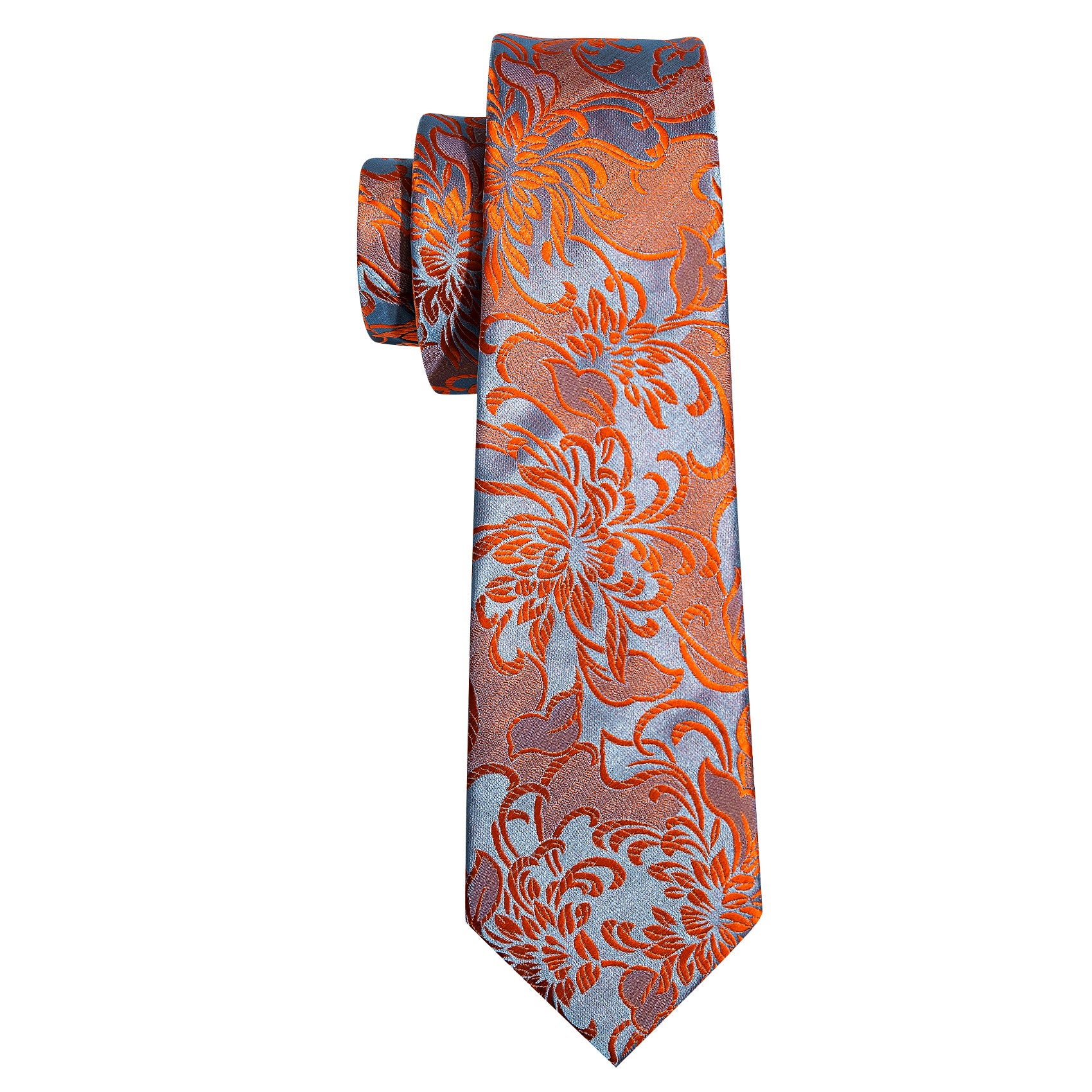 Orange Blue Flower Silk Tie Hanky Cufflinks Set