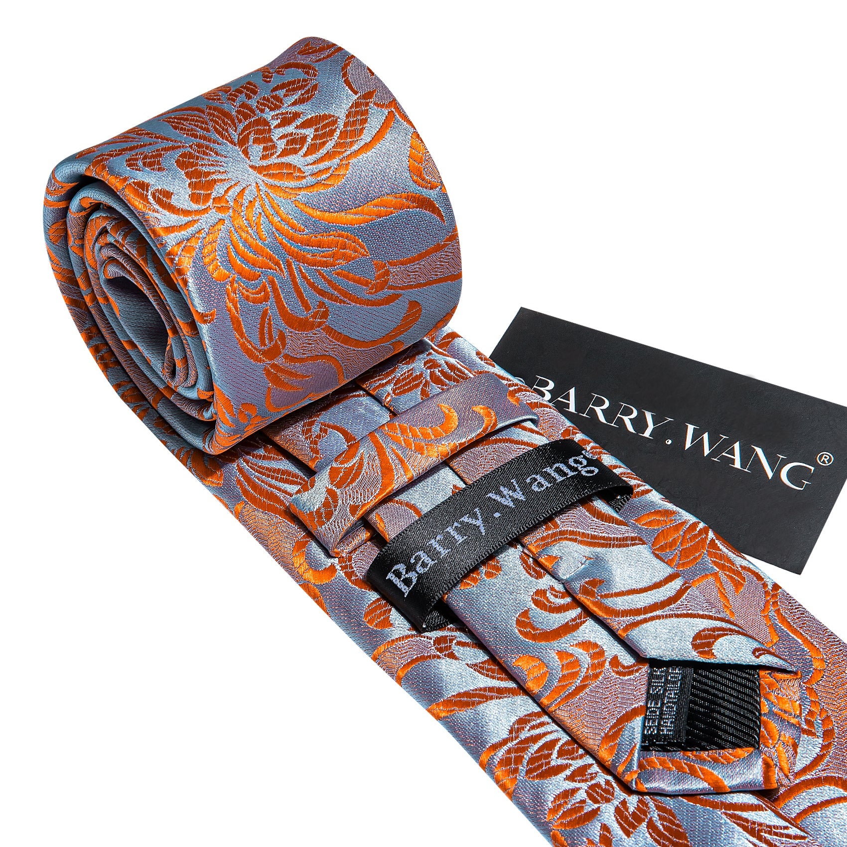 Orange Blue Flower Silk Tie Hanky Cufflinks Set