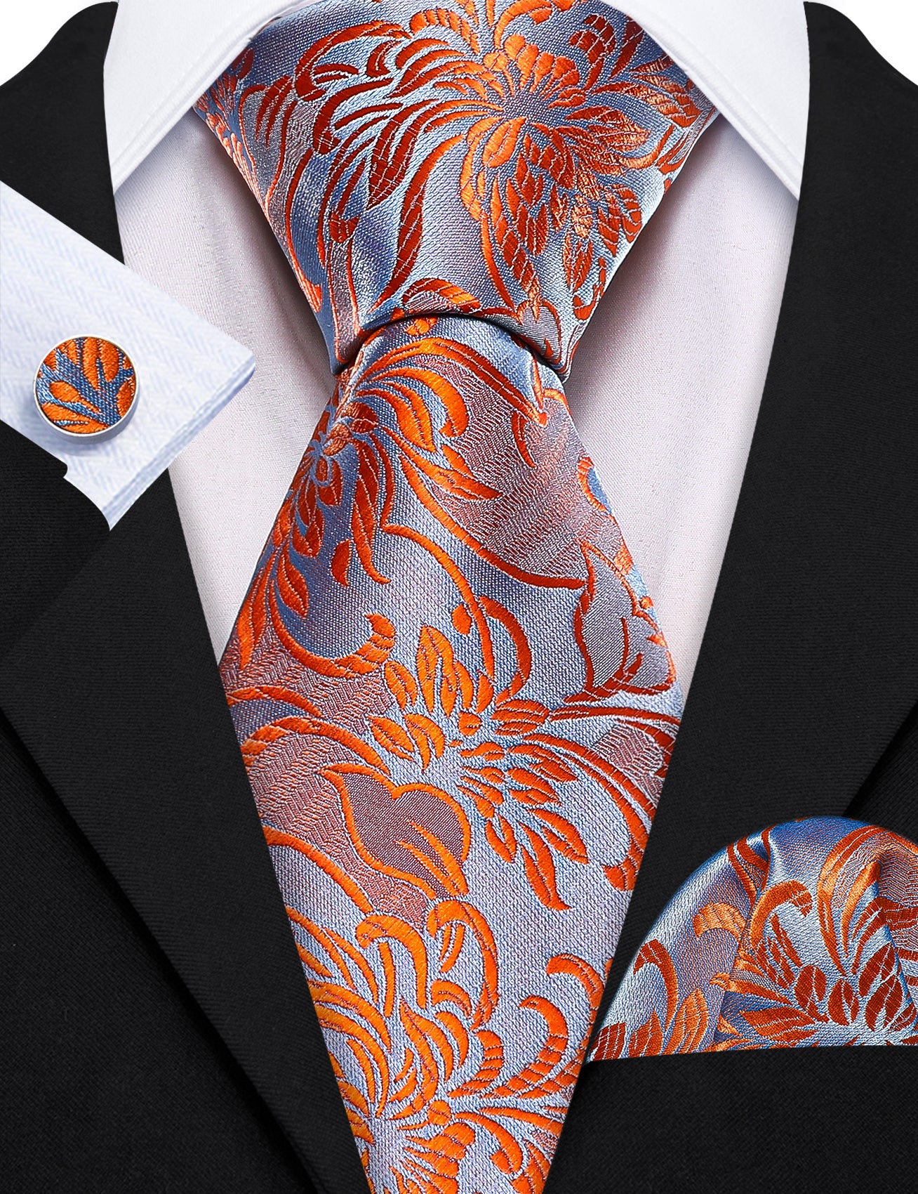 Orange Blue Flower Silk Tie Hanky Cufflinks Set