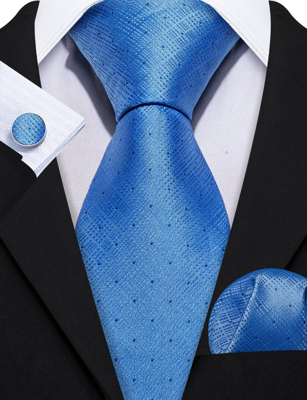 Light Blue Necktie Solid Mens Silk Tie Hanky Cufflinks Set