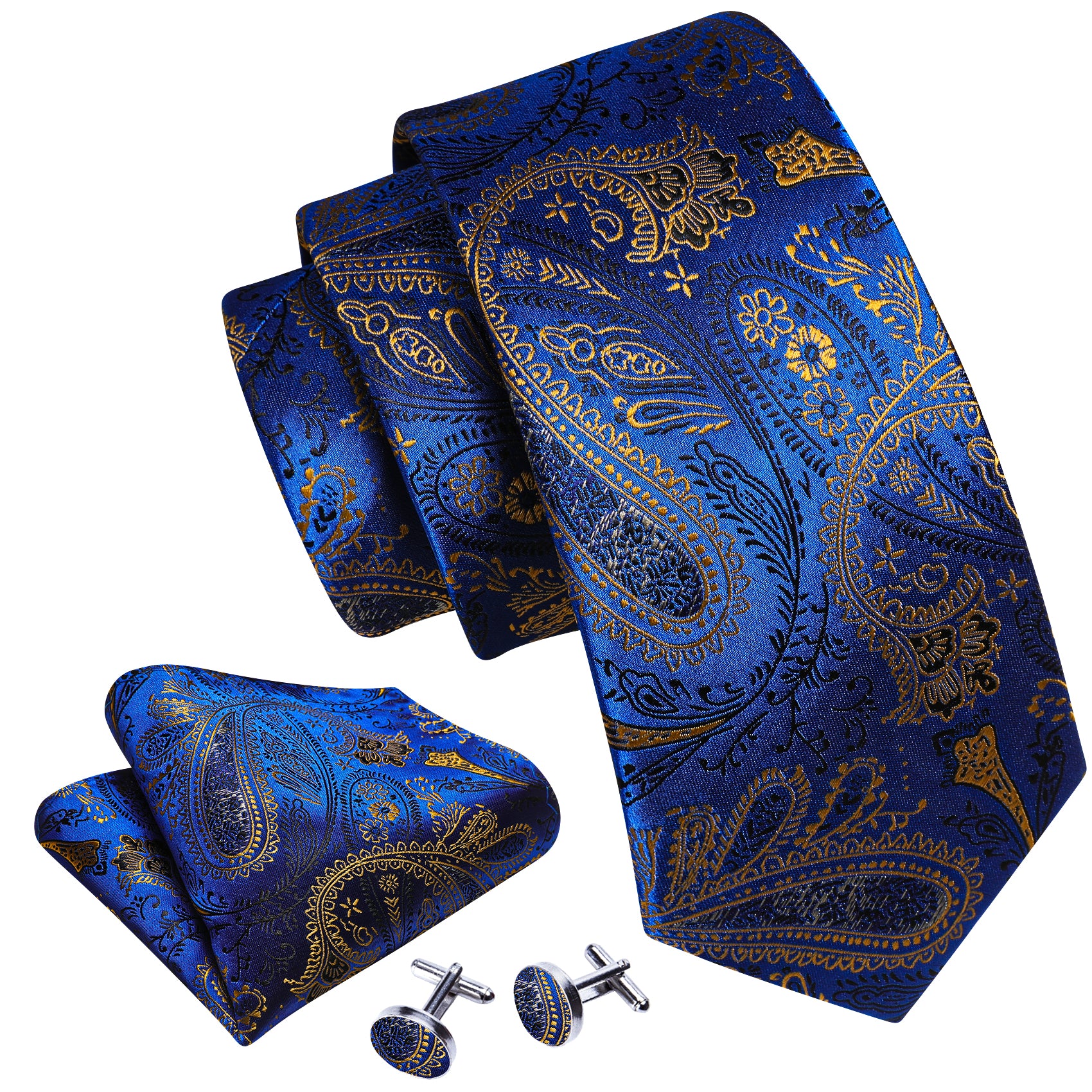 Bright Blue Gold Paisley Silk 59 Inches Tie Hanky Cufflinks Set