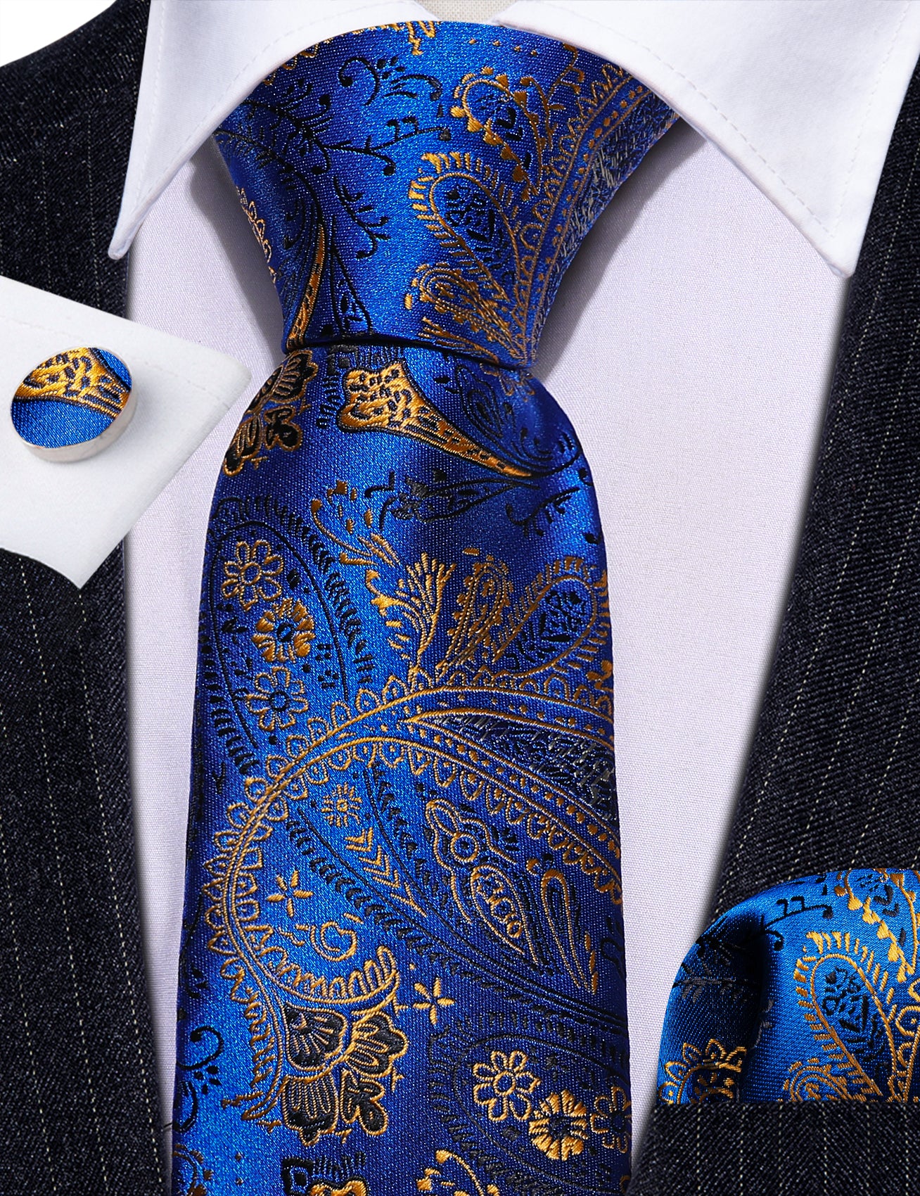 Bright Blue Gold Paisley Silk 59 Inches Tie Hanky Cufflinks Set