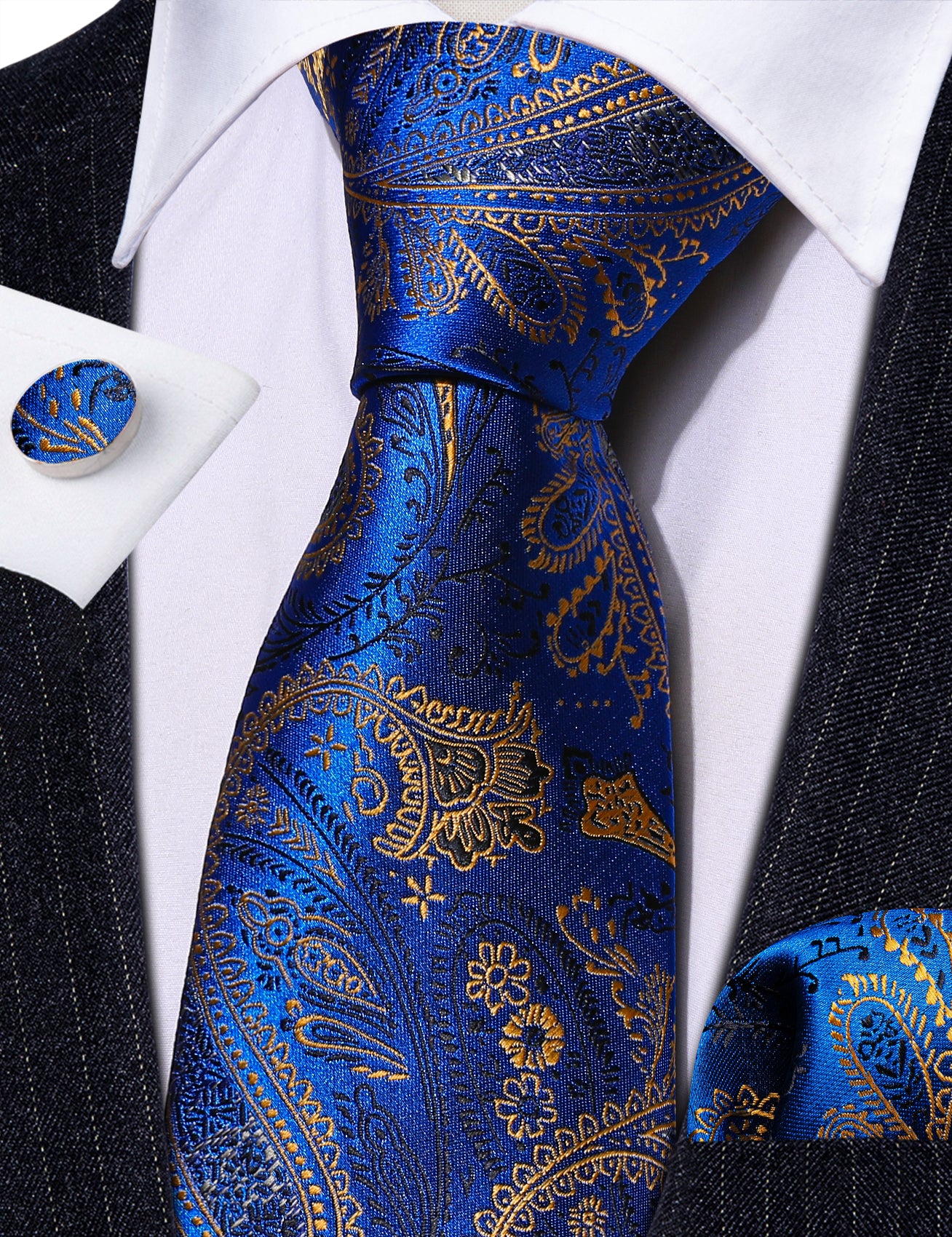 Bright Blue Gold Paisley Silk 59 Inches Tie Hanky Cufflinks Set