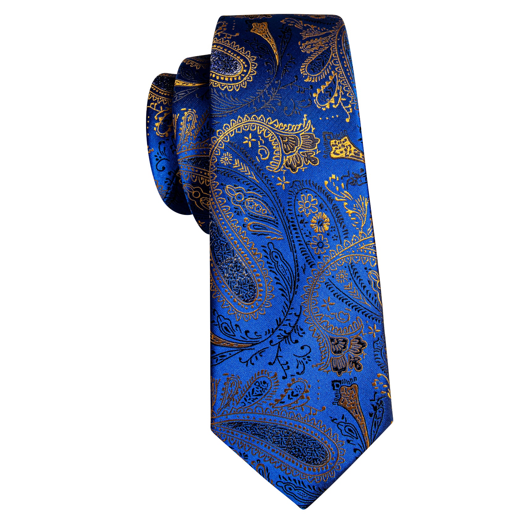 Bright Blue Gold Paisley Silk 59 Inches Tie Hanky Cufflinks Set