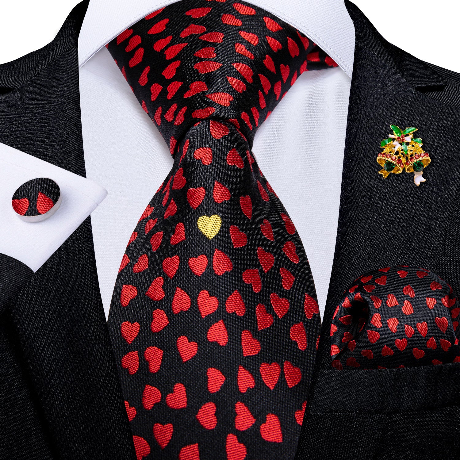 Christmas Red Black Love Men's Tie Lapel Pin Brooch Silk Tie Pocket Square Cufflinks Set Wedding Business Party