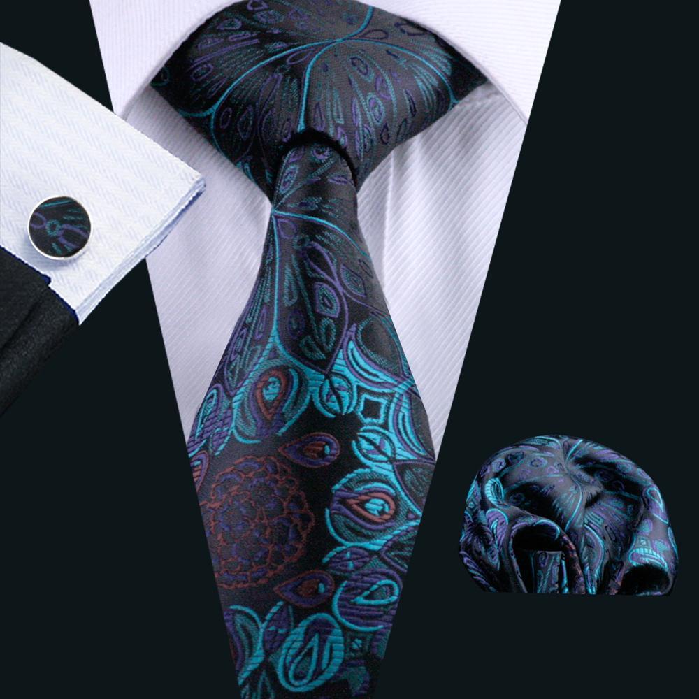 Cyan Black Paisley Silk Men's Tie Pocket Square Cufflinks Set - barry-wang teal vs turquoise