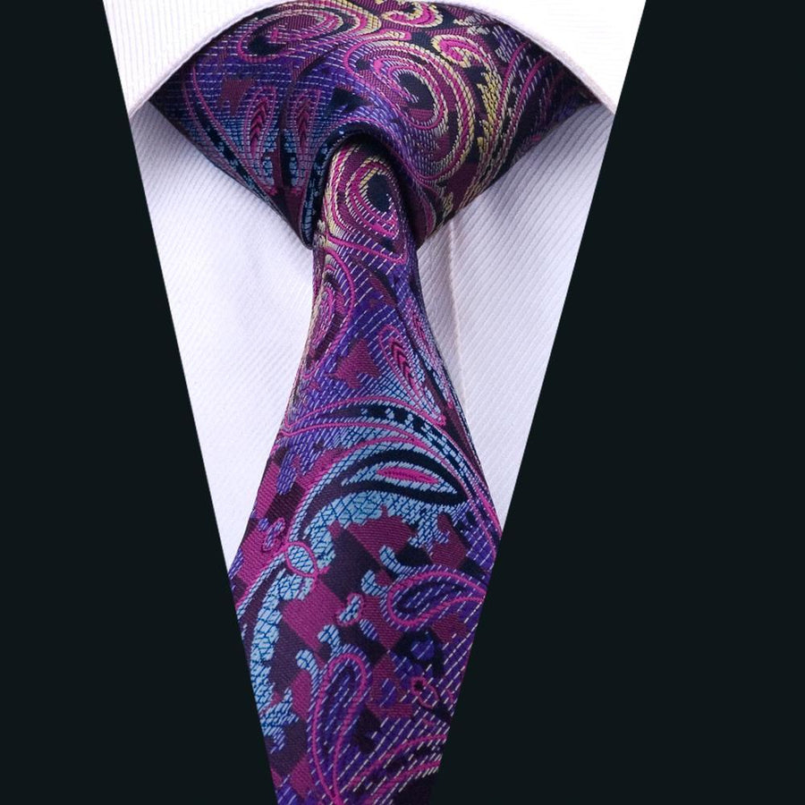 Blue Purple Paisley Silk Men's Tie Pocket Square Cufflinks Set