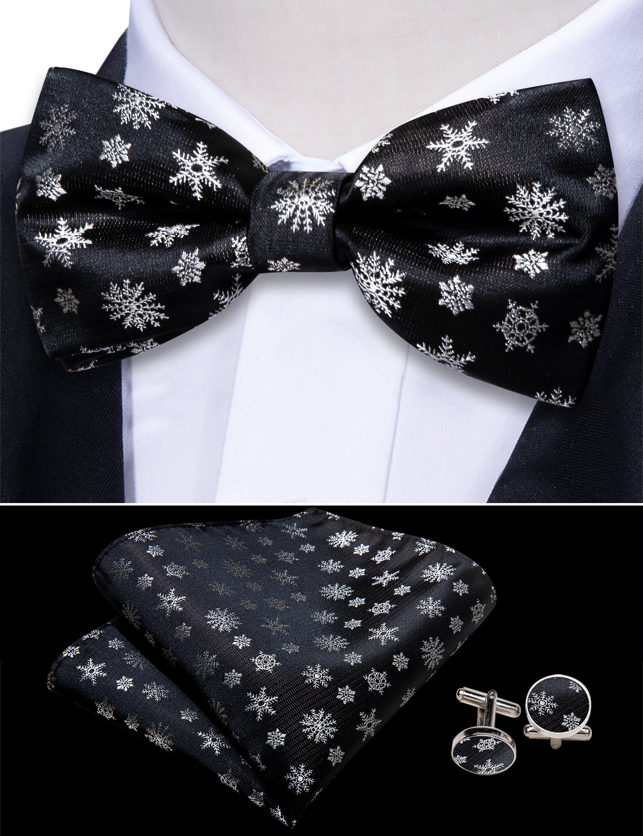 Black White Snowflake Cummerbund  Bowtie Hanky Cufflink Set