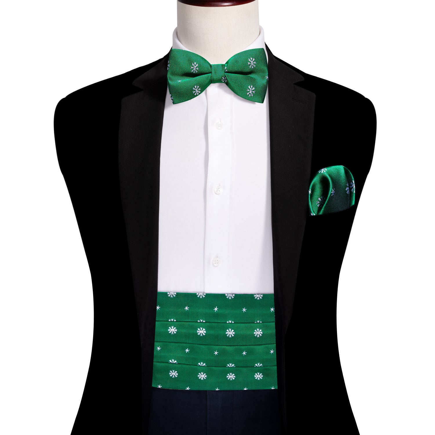 Barry WangChristmas Green White Snowflake Cummerbund  Bow tie Handkerchief Cufflinks Set