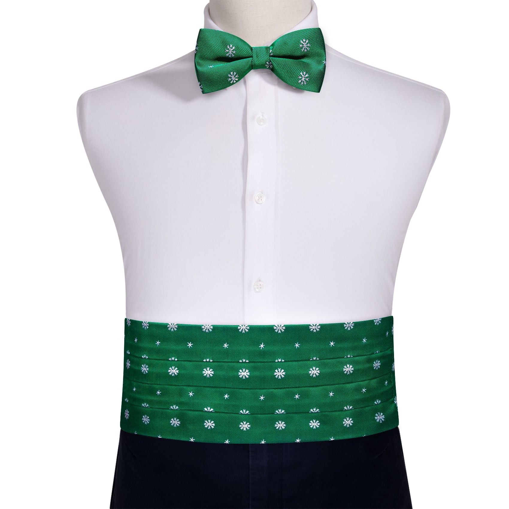 Barry WangChristmas Green White Snowflake Cummerbund  Bow tie Handkerchief Cufflinks Set