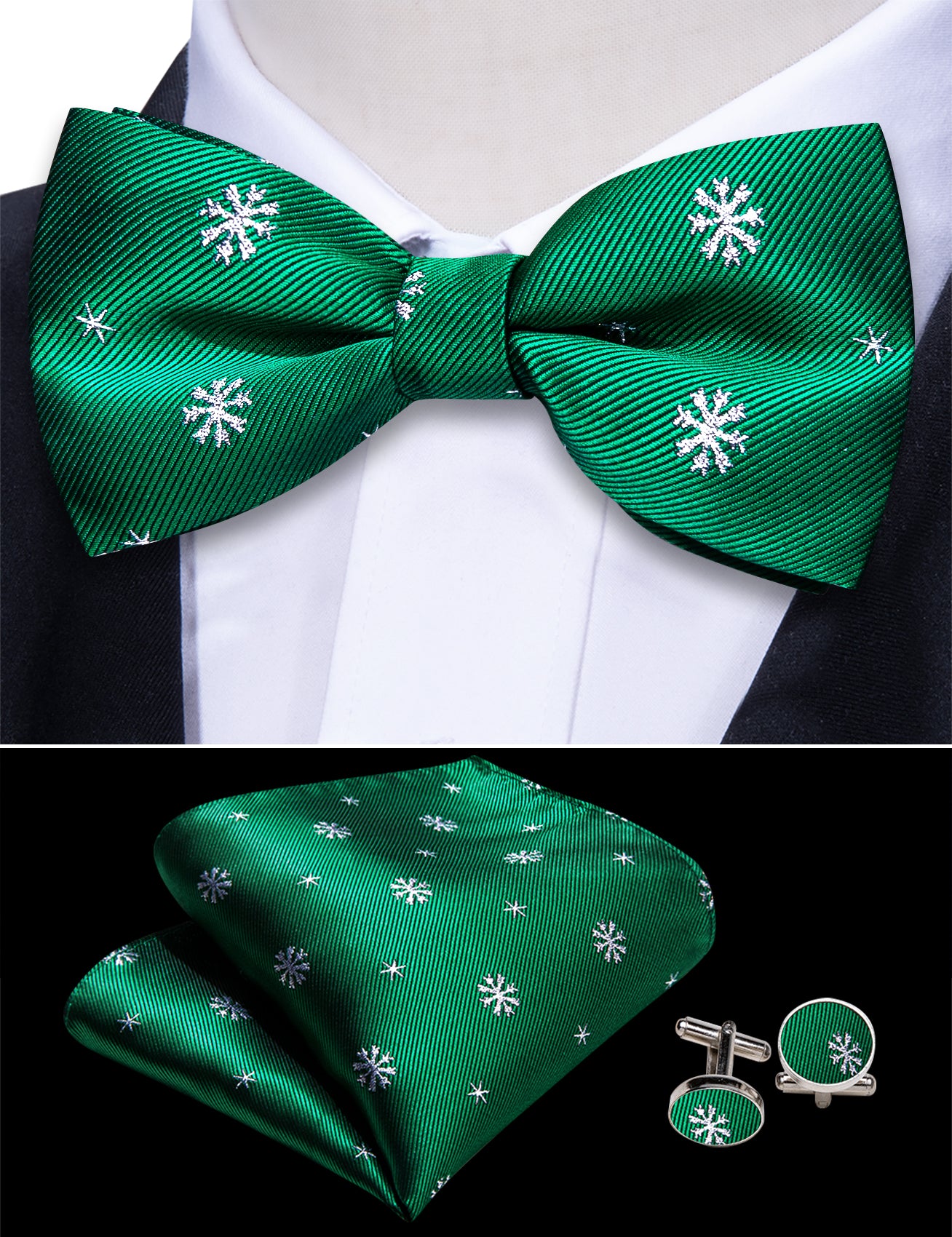 Barry WangChristmas Green White Snowflake Cummerbund  Bow tie Handkerchief Cufflinks Set