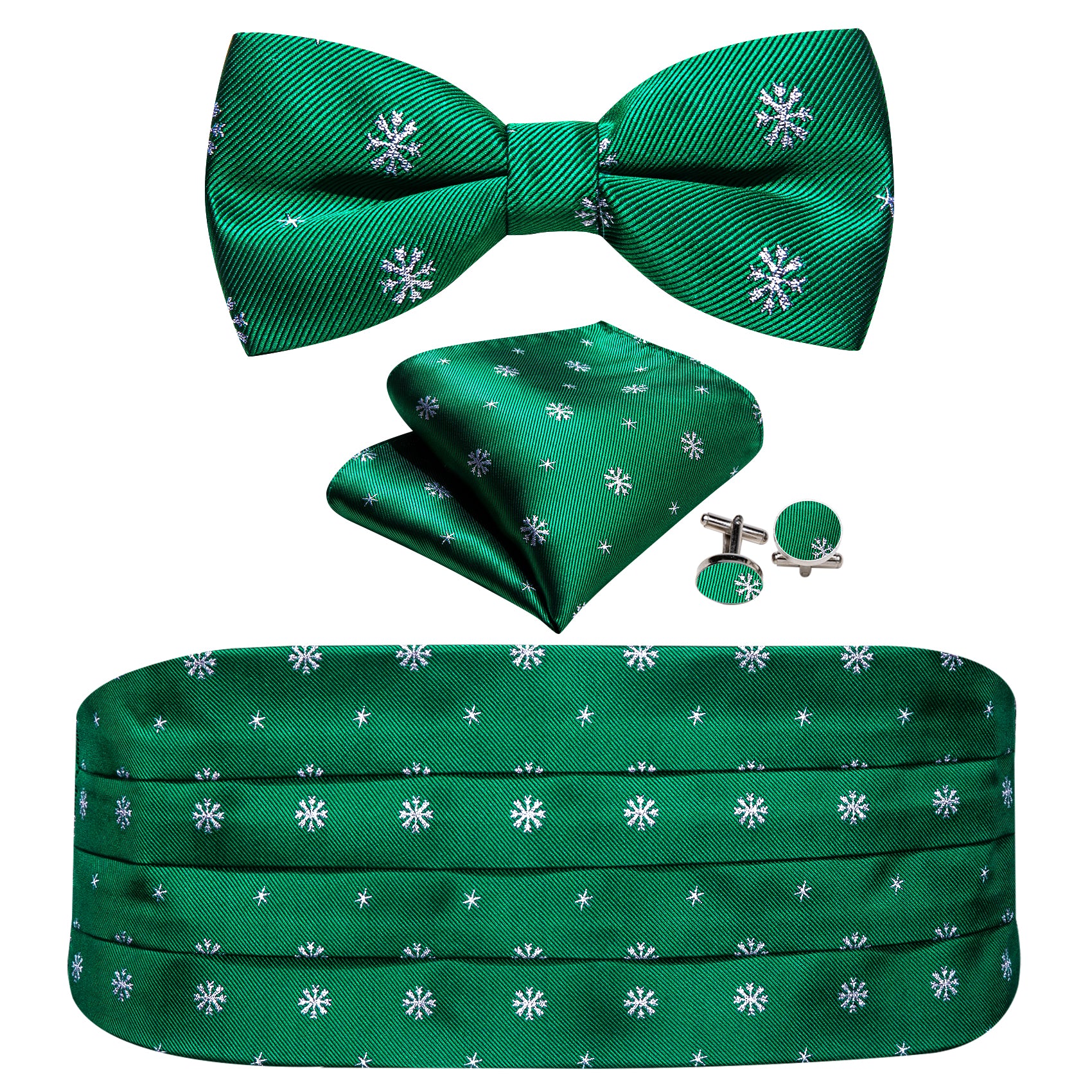 Barry WangChristmas Green White Snowflake Cummerbund  Bow tie Handkerchief Cufflinks Set