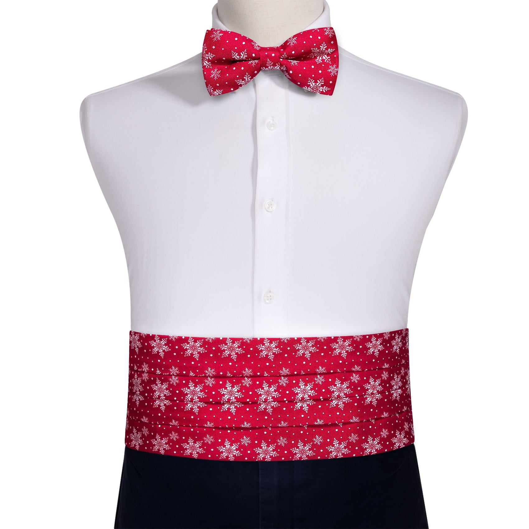 Barry Wang Christmas Red White Snowflake Cummerbund Bow tie Handkerchief Cufflinks Set