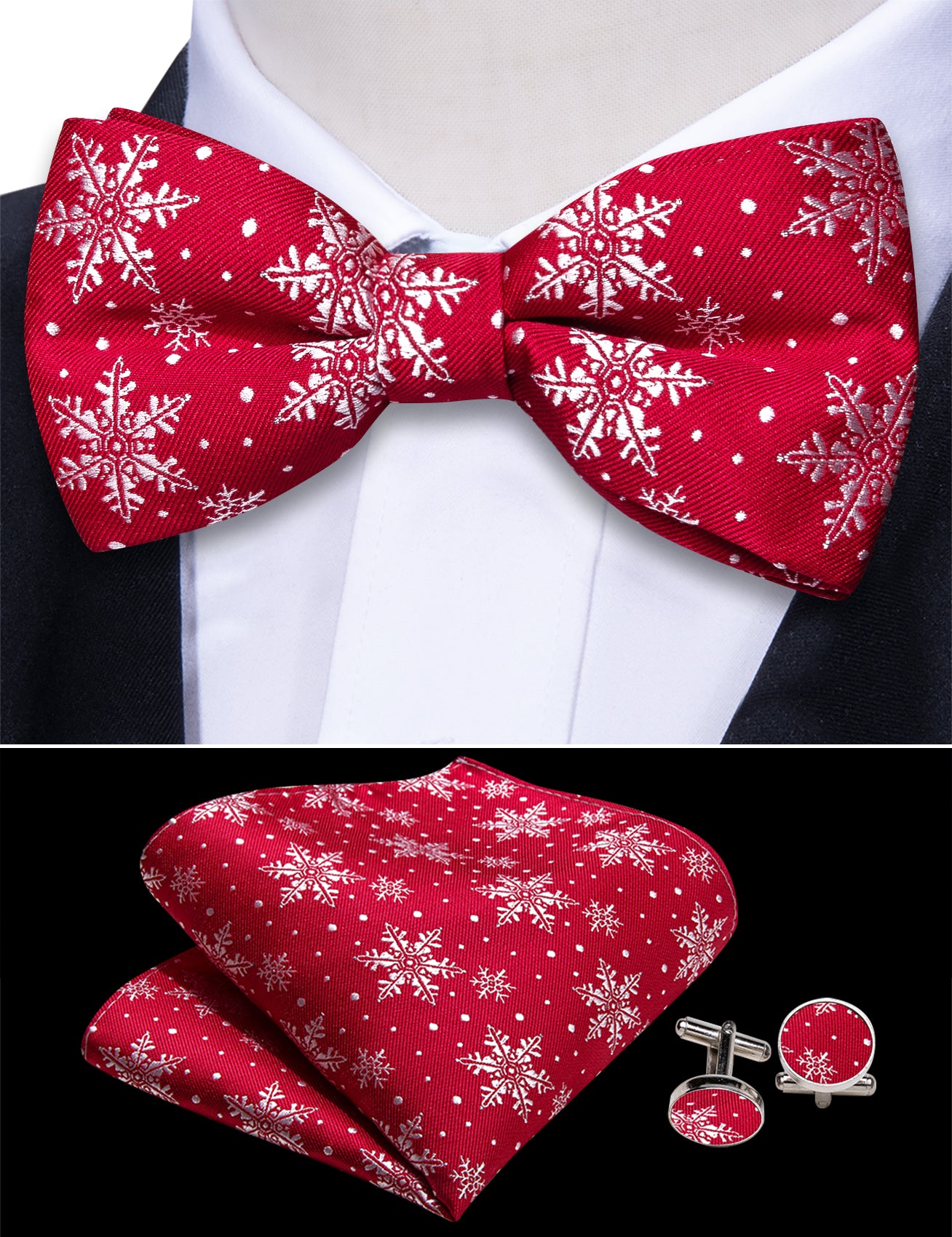 Barry Wang Christmas Red White Snowflake Cummerbund Bow tie Handkerchief Cufflinks Set