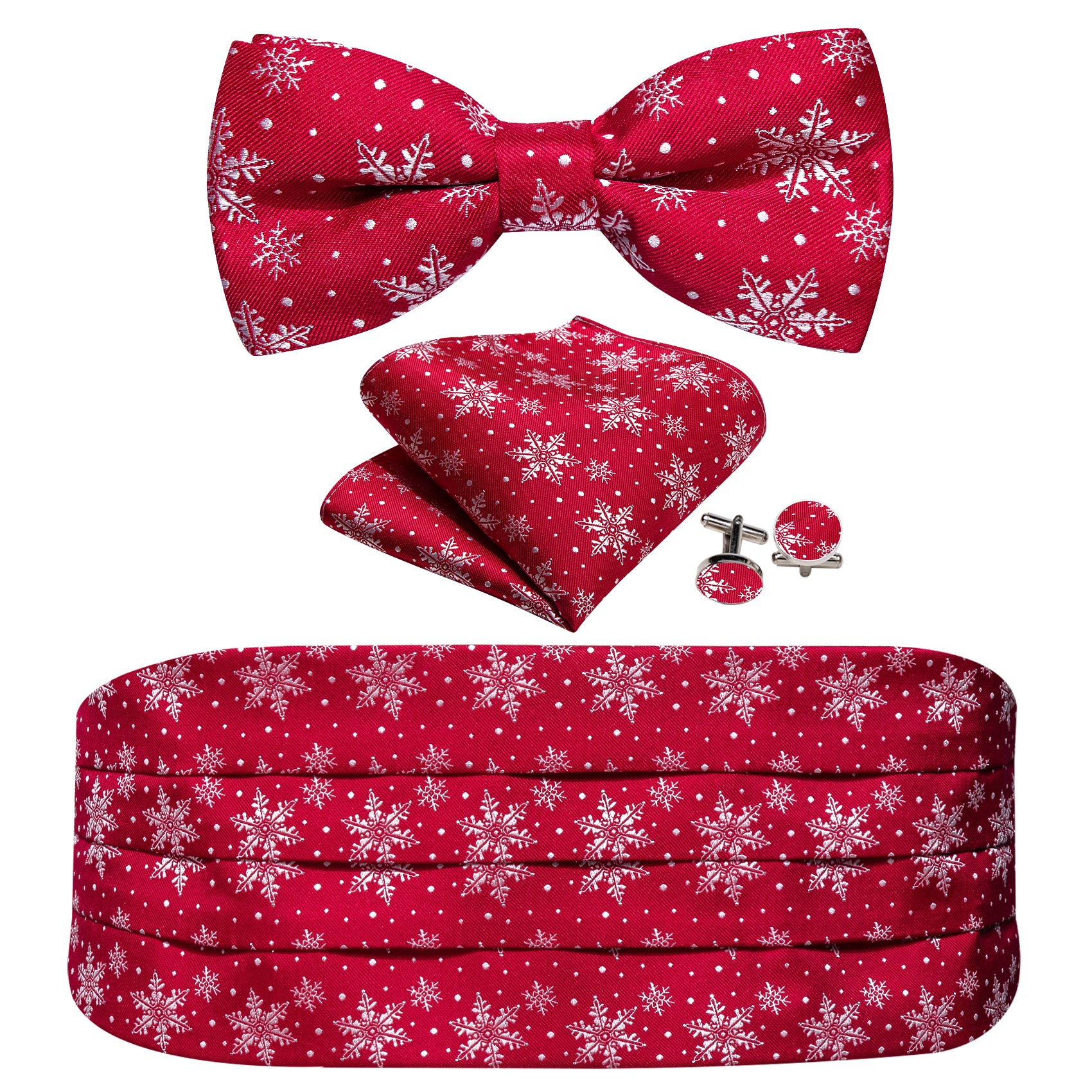 Barry Wang Christmas Red White Snowflake Cummerbund Bow tie Handkerchief Cufflinks Set