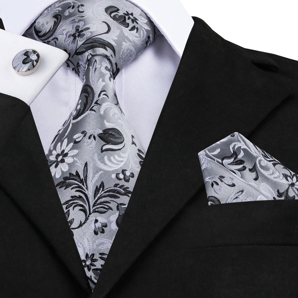 Grey Black Floral Tie Pocket Square Cufflinks Set